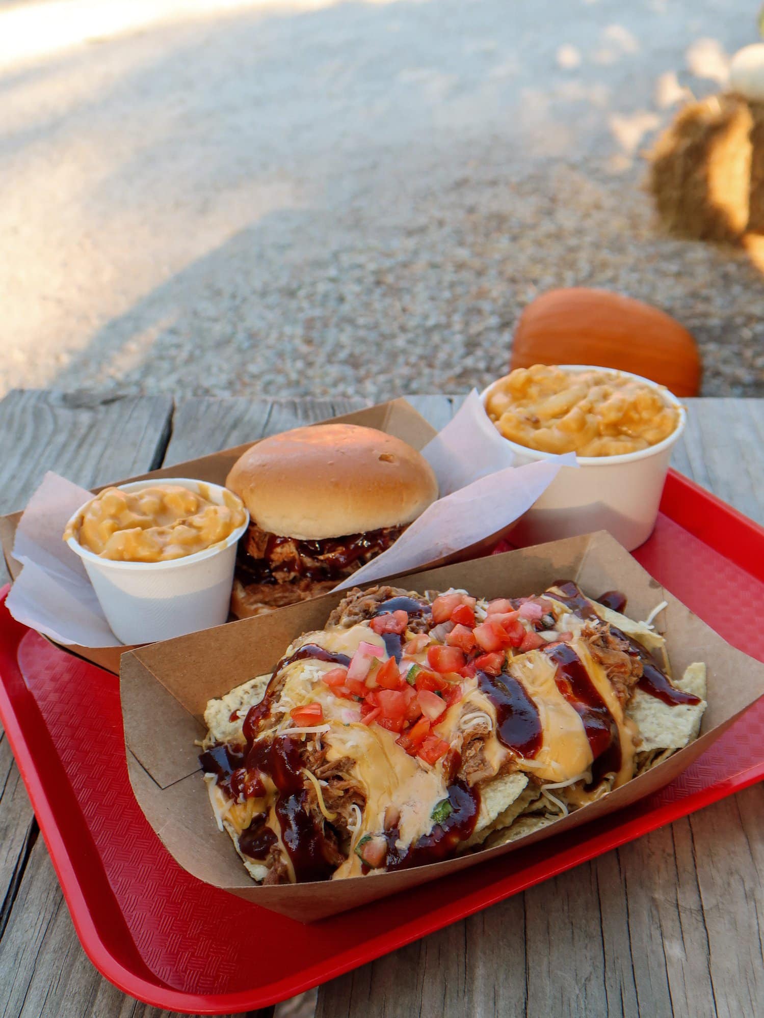 pulled pork nachos, pulled pork sandwiches, macaroni and cheese