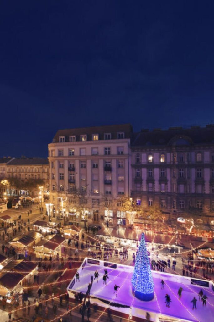 Christmas market on Vörösmarty Square in Budapest – places to travel during Christmas.
