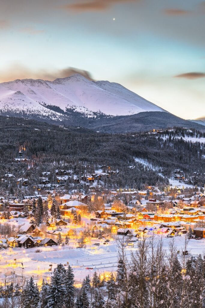 Holiday Vacation Destinations Mountain town of Breckenridge in the Colorado Rockies, a charming holiday vacation destination for winter.