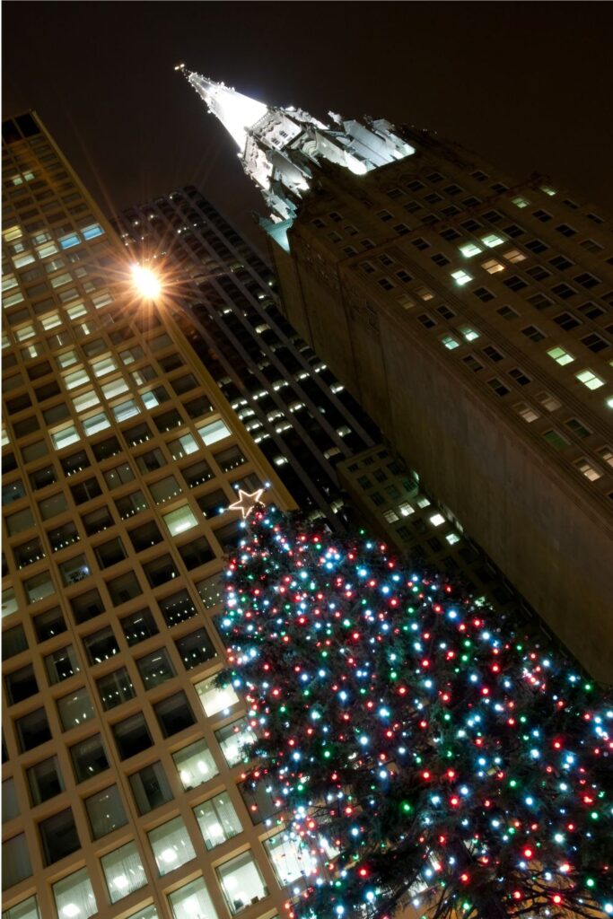 Holiday Vacation Destinations Chicago skyline with a Christmas tree at night.