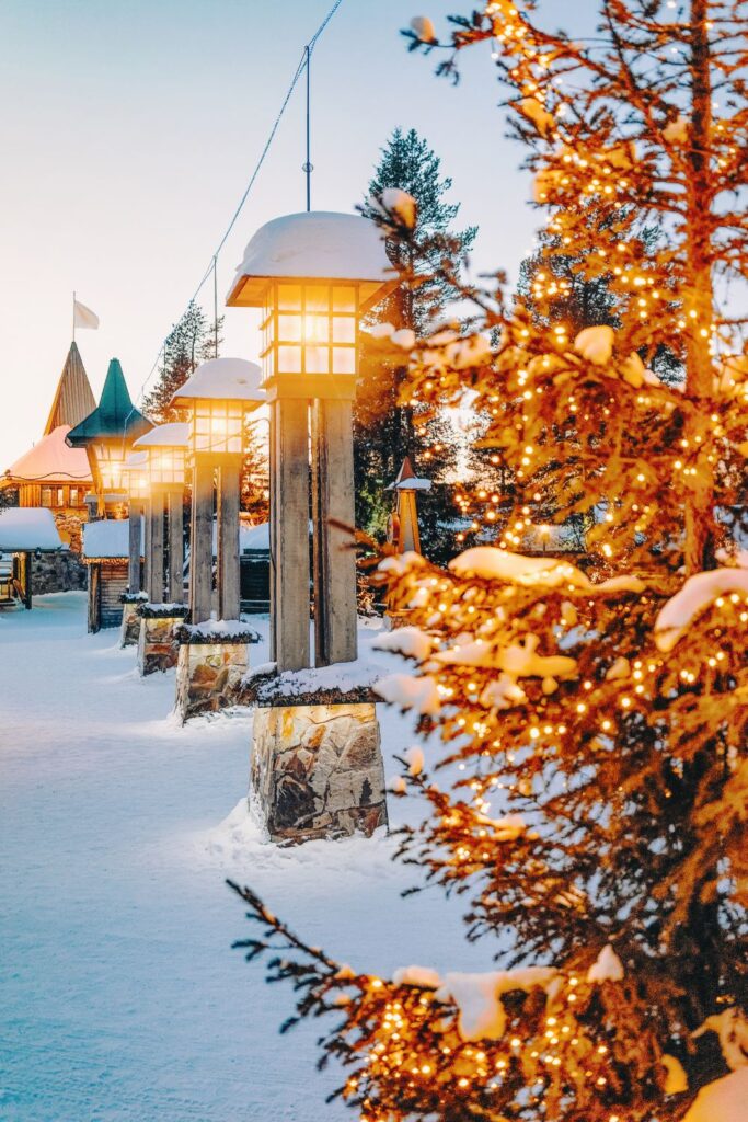 Holiday Vacation Destinations Street lights in Lapland, Finland during winter.
