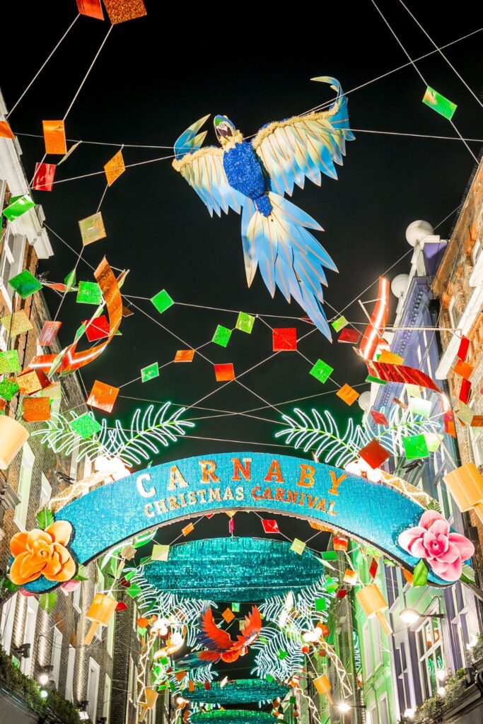 Holiday Vacation Destinations Colorful scenes from the Carnaby Christmas Carnival in London, one of the must-see holiday vacation destinations.