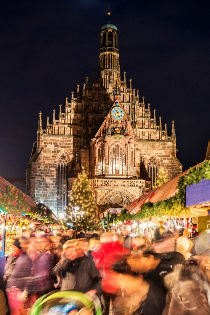 Holiday Vacation Destinations The Frauenkirche in Nuremberg at night, one of the must-see holiday vacation destinations.