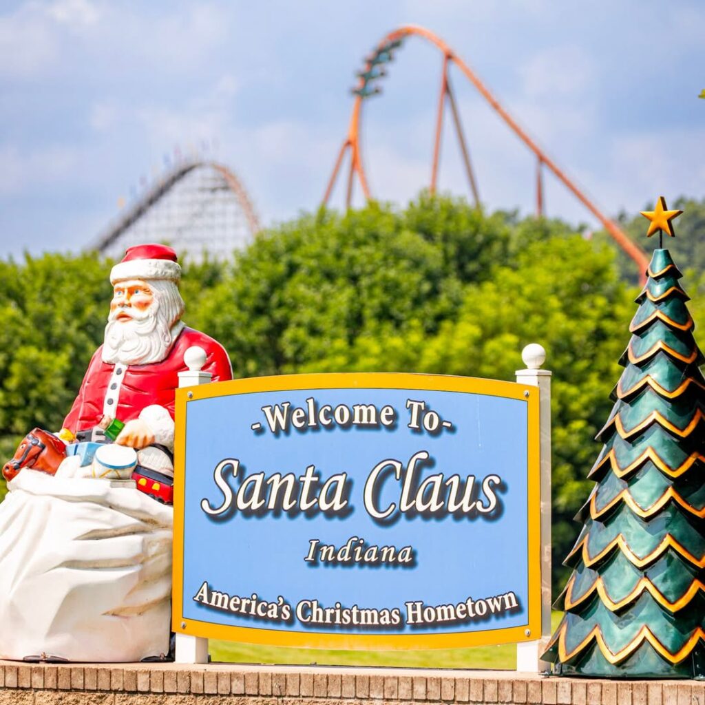 Holiday Vacation Destinations Welcome sign in Indiana’s Christmas Town.