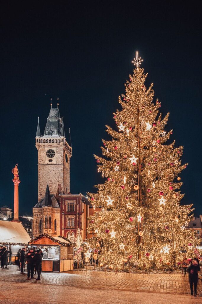 Holiday Vacation Destinations Giant Christmas tree in Prague, top holiday vacation destinations.