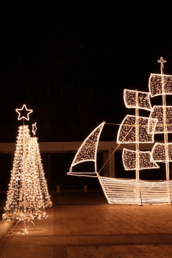 Christmas light decorations in Santorini, Greece