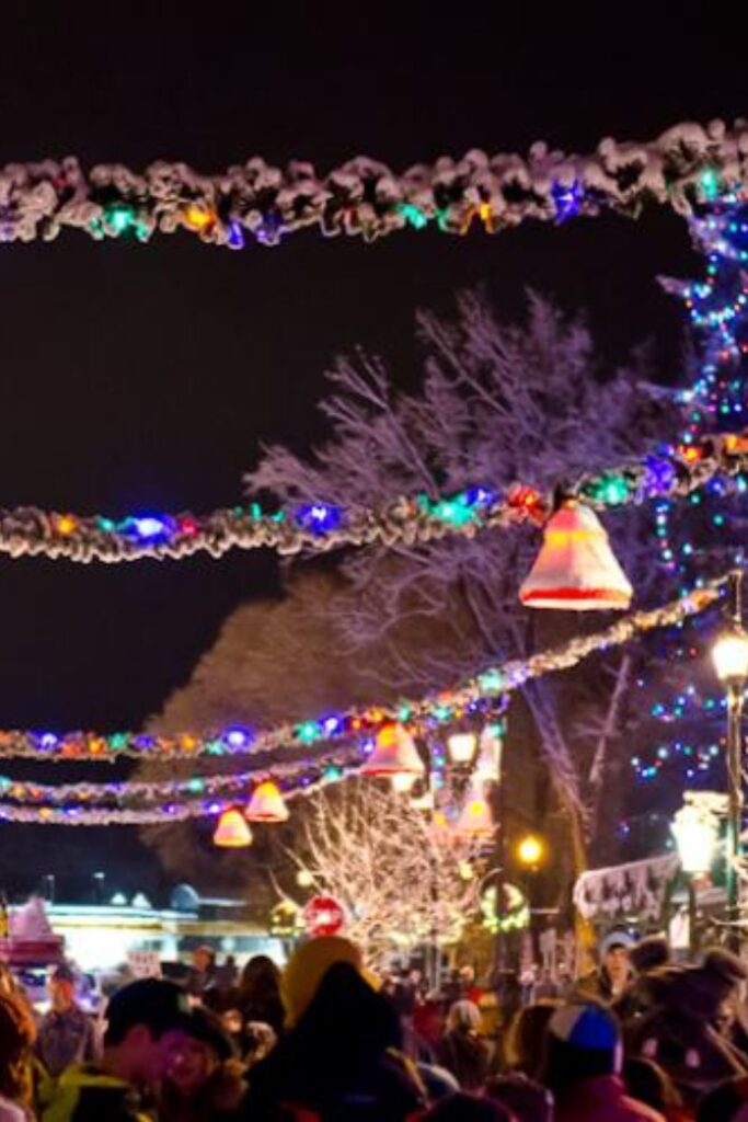Festive Whitefish, Montana at night during Christmas